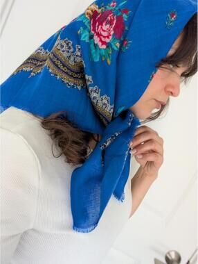 Vintage 70's Glentex Scarf Made In Japan blue floral shawl Retro Vtg Head Scarf